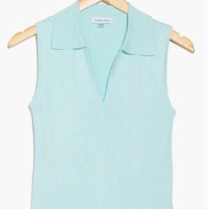 Calvin Klein Sleeveless Ribbed V-Neck Polo Top - Light Aqua